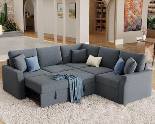 Jocisland 85-Inch Sleeper Sofa with Pull Out Bed & Storage, Grey Linen L-Shape Sectional for Living Room Apartment