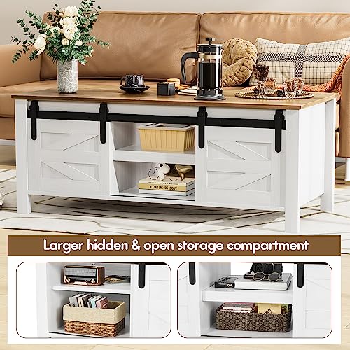 Rustic Farmhouse Coffee Table with Storage & Sliding Doors