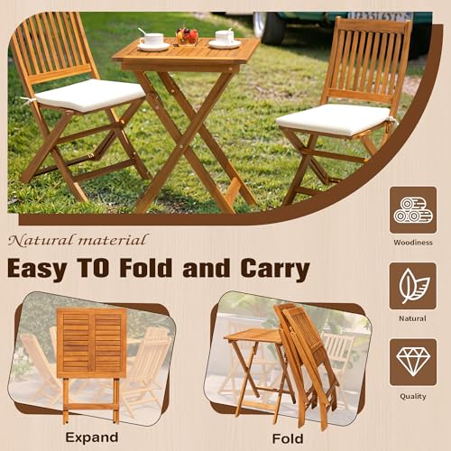 Outdoor Patio Bistro Set for Balcony or Lawn: 3 Piece Folding Acacia Wood Chairs with Cushion