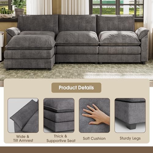 Modern Grey L-Shaped Sectional Sofa with Reversible Ottoman - Comfy and Space-saving for Living Room, Bedroom, or Apartment
