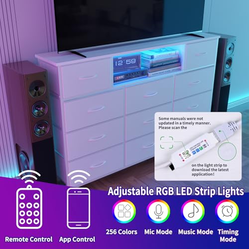 White Long Dresser with Charging Station, LED Lights, and 11 Drawers for Bedroom and Living Room