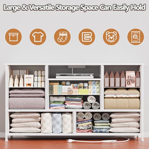 Power Outlet White Dresser for 55" TV & 8 Drawers - Bedroom & Living Room Stand