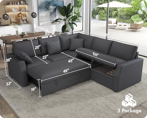 Compact 85 Inch Sofa Bed with Storage and Pull Out Bed for Apartments, Grey Linen