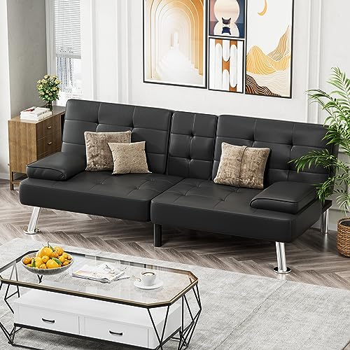 Faux Leather Futon Sofa Bed with Adjustable Sleeper for Living Room in Black