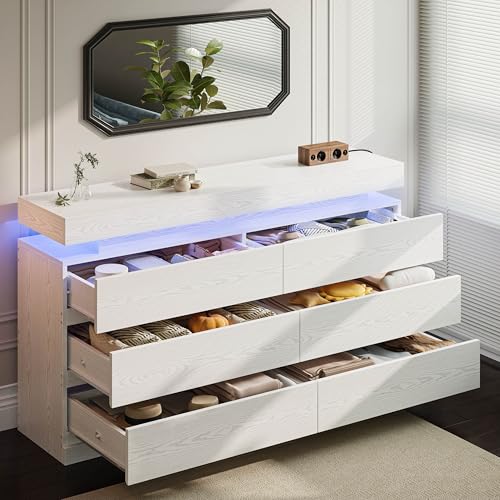 59 LED Dresser with 6 Drawers for Bedroom, White