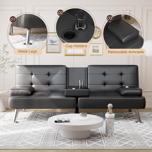 Black Faux Leather Futon Sofa Bed with Cup Holders for Living Room