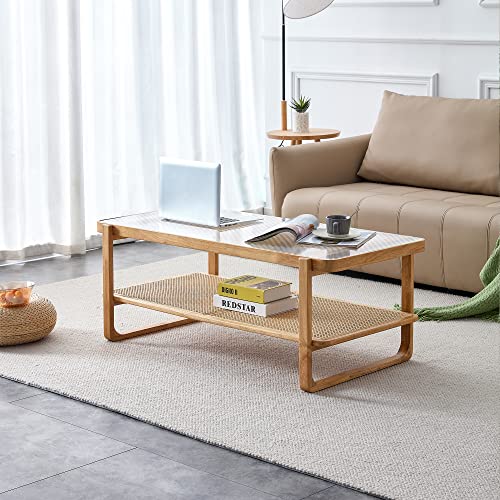 Simplified title: Modern Rattan Coffee Table with Glass Top and Shelf