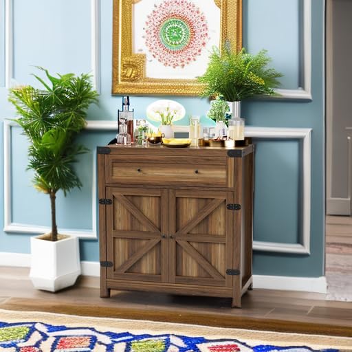 Farmhouse Coffee Bar Cabinet with Barn Door Storage - Brown