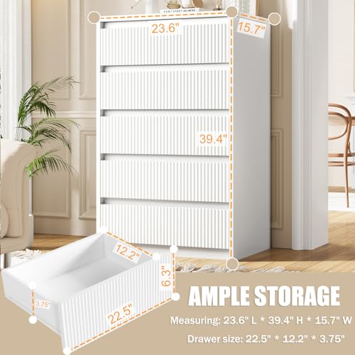 Modern 5-Drawer White Dresser with Mirror for Bedroom and Living Spaces