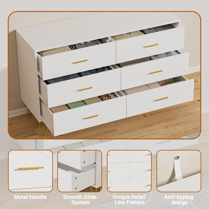 Modern White Dresser with 6 Drawers and Gold Handles for Bedroom and Living Room
