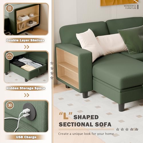 80 Sleeper Sofa Bed with Storage Chaise and USB Ports for Living Room or Apartment (Green)