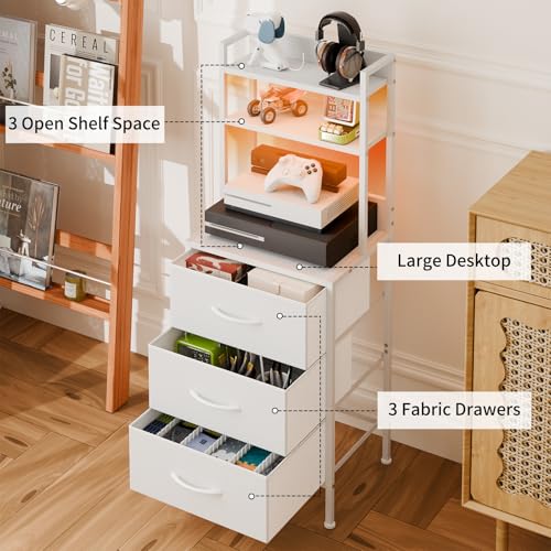 White LED Nightstand with USB & Charging, 3 Fabric Drawers - Office or Bedroom