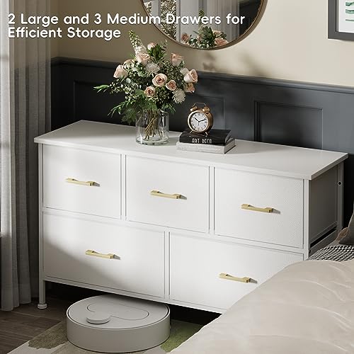 White 5-Drawer Dresser for Kids Room or TV Stand, with Fabric Drawers and Metal Handles