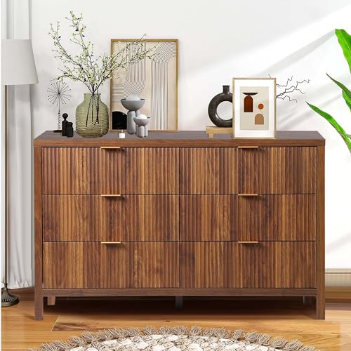 Modern 6 Drawer Double Dresser for Bedroom, Walnut