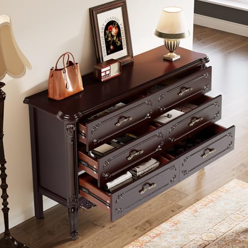 Solid Wood Dresser with 6 Drawers: 59 Wide Chest of Drawers for Bedroom, Vintage Storage Organizer for Living Room, Closet, Hallway