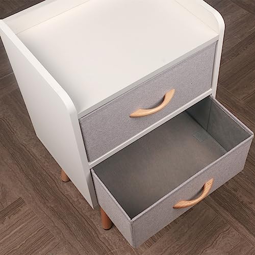 Minimalist White Nightstand with Fabric Drawers and Wood Legs