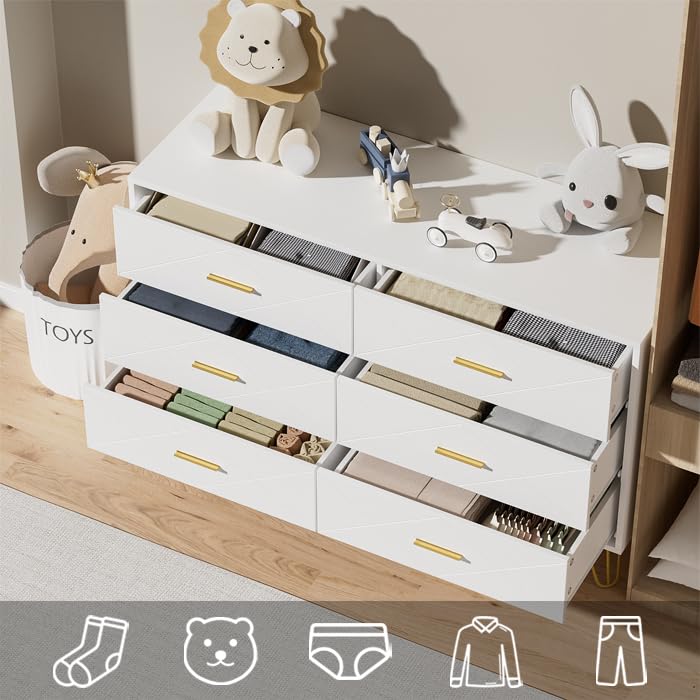Modern White Dresser with 6 Drawers and Gold Handles for Bedroom and Living Room
