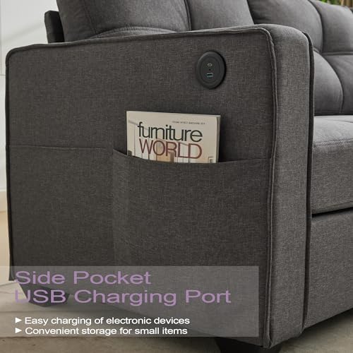 Dark Gray 3-Seater Sofa with USB Ports and Comfortable Cushions