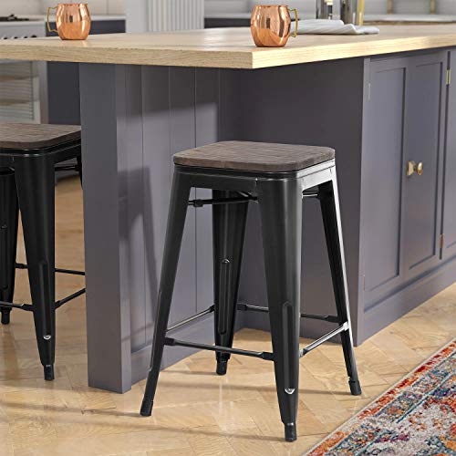 Modern Black Metal Bar Stools Set of 4, Indoor/Outdoor