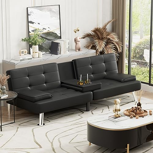 Faux Leather Futon Sofa Bed with Adjustable Sleeper for Living Room in Black