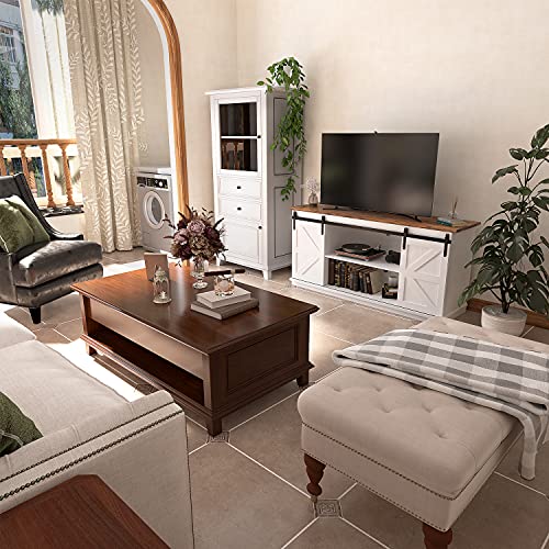 65 Inch Modern White TV Stand with Storage and Sliding Doors
