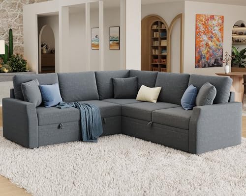 Jocisland 85-Inch Grey Linen L-Shape Sleeper Sofa with Storage