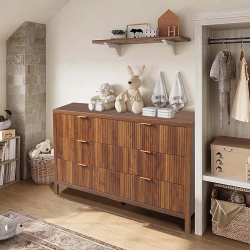 Walnut 6-Drawer Double Dresser - Wood Storage Organizer