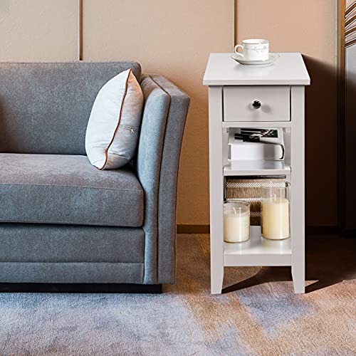 White Nightstand with Storage Drawer and Shelf for Bedroom and Living Room