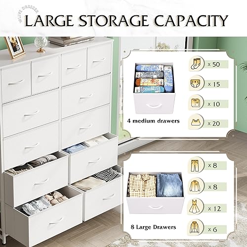 12-Drawer Fabric Tall Dresser for Bedroom Storage, White.