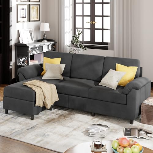 Mid Century L-Shaped Black Linen 3-Seater Sofa