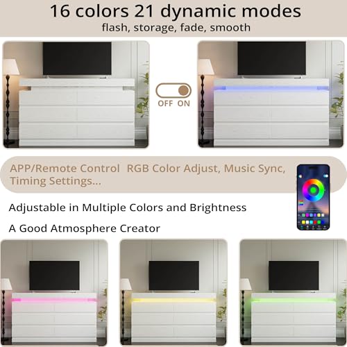 59 LED Dresser with 6 Drawers for Bedroom, White