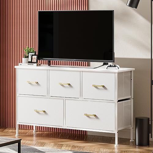 White 5-Drawer Dresser for Kids Room or TV Stand, with Fabric Drawers and Metal Handles