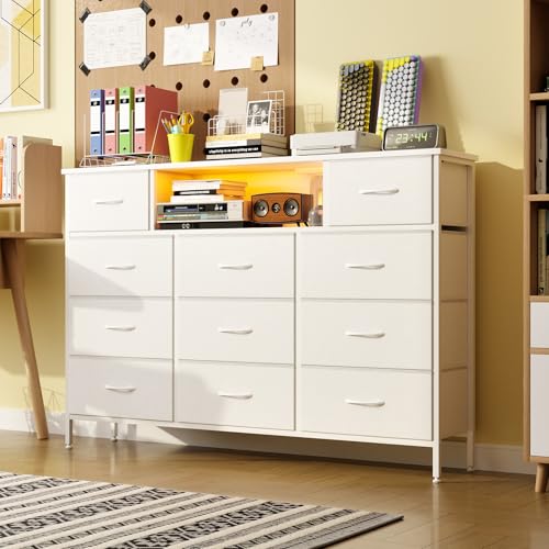 White Long Dresser with Charging Station, LED Lights, and 11 Drawers for Bedroom and Living Room