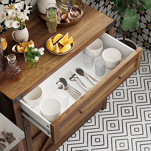 Brown Kitchen Sideboard with Barn Door Storage Buffet Cabinet