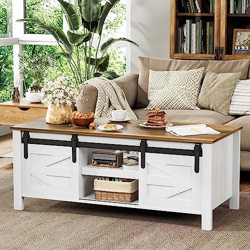 Rustic Farmhouse Coffee Table with Storage & Sliding Barn Doors