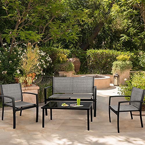 Modern 4-Piece Patio Furniture Set with Glass Coffee Table for Home, Porch, Lawn (Grey)