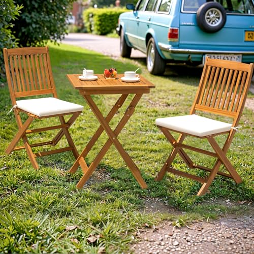 Outdoor Patio Bistro Set for Balcony or Lawn: 3 Piece Folding Acacia Wood Chairs with Cushion