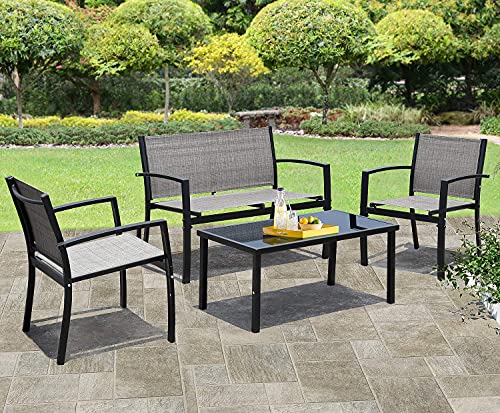Modern 4-Piece Patio Furniture Set with Glass Coffee Table for Home, Porch, Lawn (Grey)
