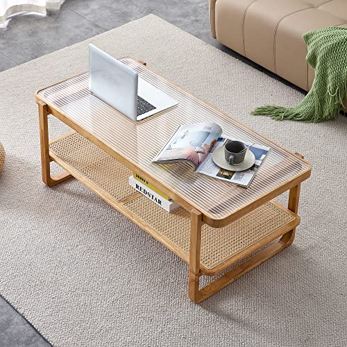 Simplified title: Modern Rattan Coffee Table with Glass Top and Shelf