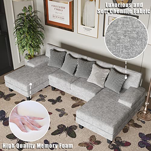 Gray Cotton Chenille Fabric U-Shaped Sectional for Modern Living Rooms