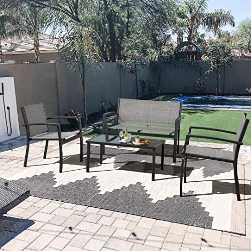 Modern 4-Piece Patio Furniture Set with Glass Coffee Table for Home, Porch, Lawn (Grey)