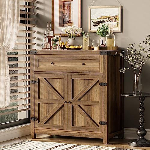 Farmhouse Coffee Bar Cabinet with Barn Door Storage - Brown